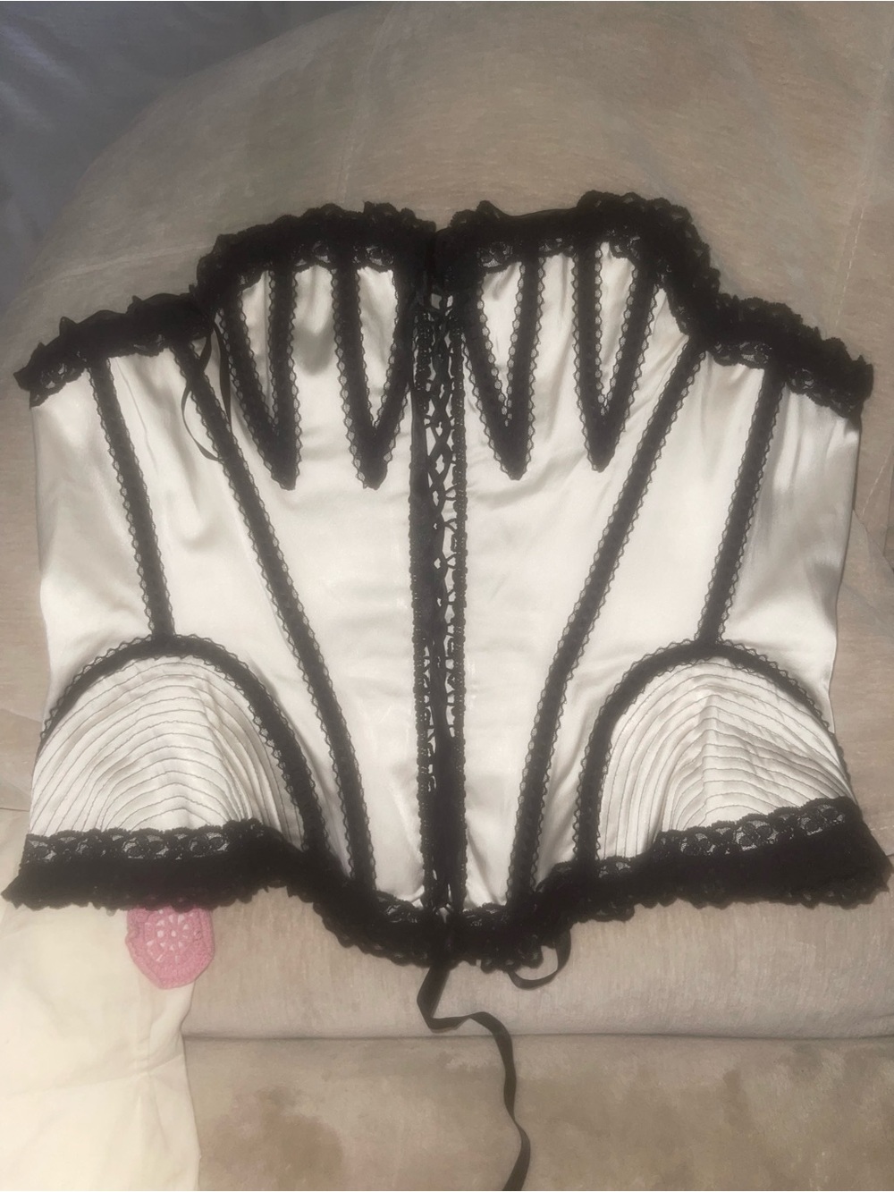 Diva - White Satin Corset Bustier with Black Lace Trim (Size-M)